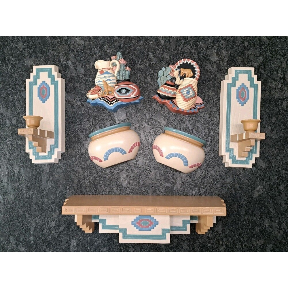 VTG Burwood Southwest Western Aztec Wall Art Decor Plaques Shelf Candle Holders